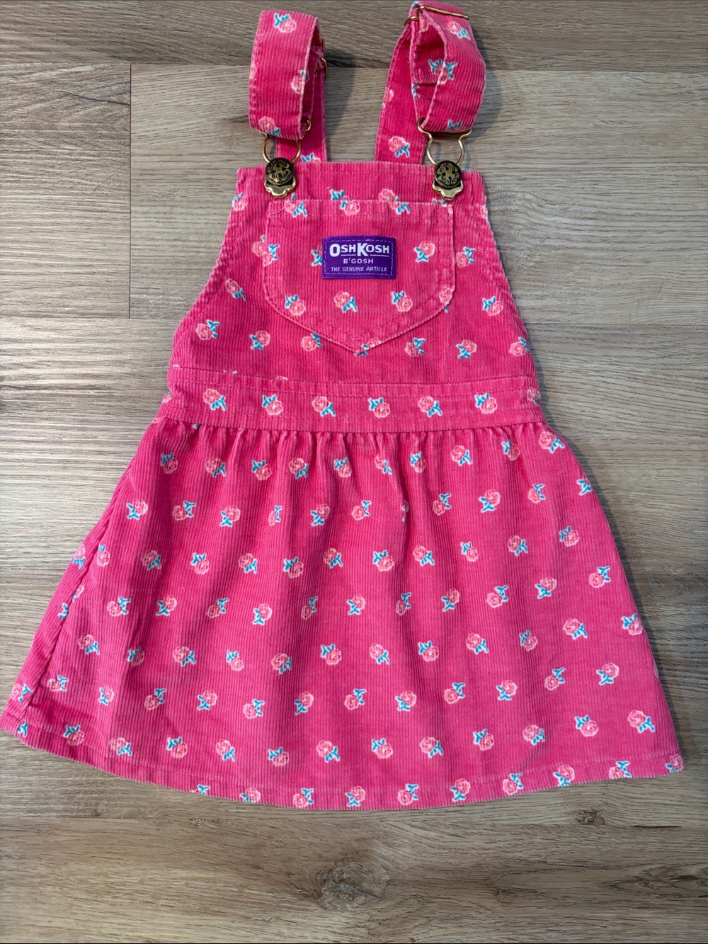 Vintage OshKosh Pink Corduroy Overall Dress with Floral Print 2T